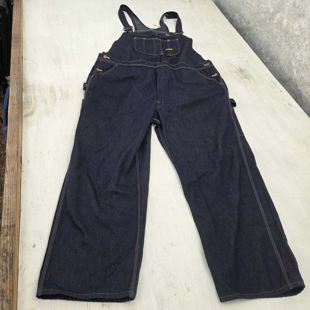 Vtg Toughskins Overalls Mens 46x30 Blue Denim Union Made Perma-Prest Sears READ